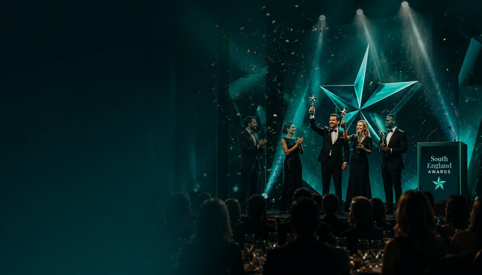 Winners holding their star trophies on stage at the South England Awards